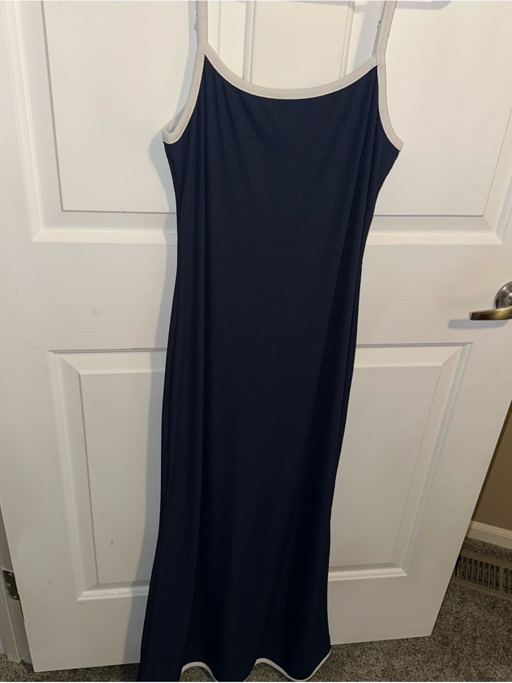 Sleeveless Black Maxi Slip Dress with Cream Trim